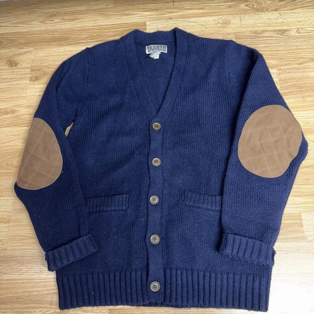 Duluth Trading Shetland Wool Cardigan Sweater Mens Med  Navy Blue‎ Elbow Patches